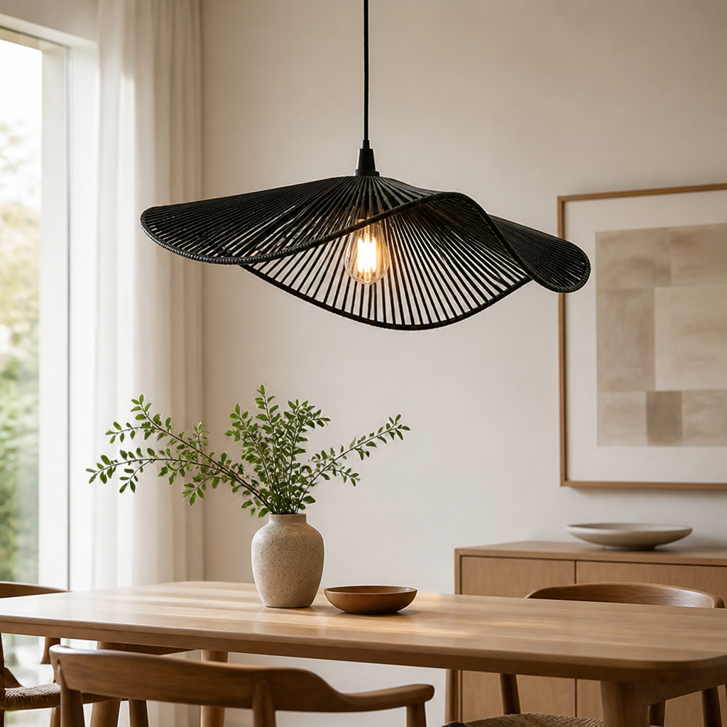 Black Rattan Wide-Brim Pendant Lamp Shade – image 2