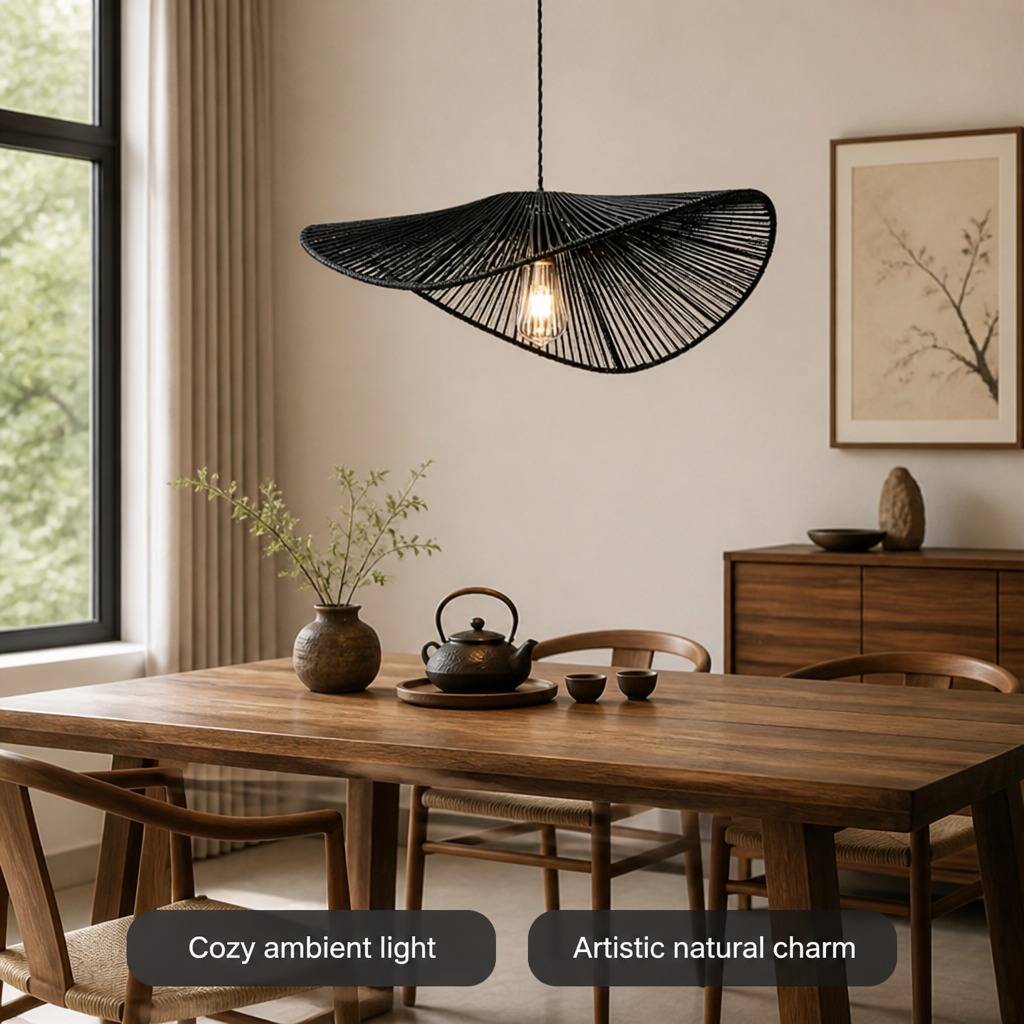 Black Rattan Wide-Brim Pendant Lamp Shade – image 3