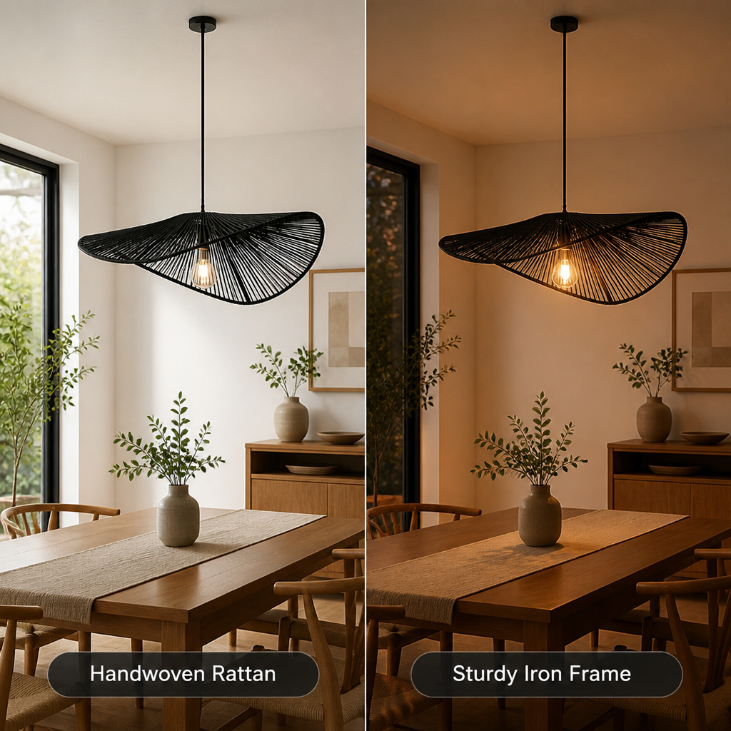 Black Rattan Wide-Brim Pendant Lamp Shade – image 4