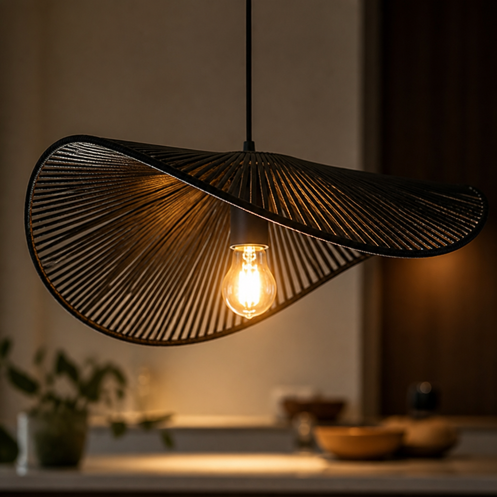 Black Rattan Wide-Brim Pendant Lamp Shade – image 5