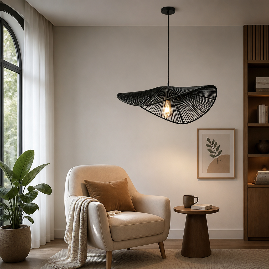Black Rattan Wide-Brim Pendant Lamp Shade – image 6