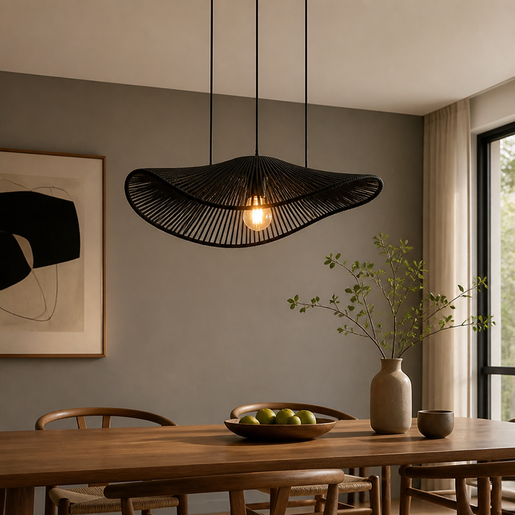 Black Rattan Wide-Brim Pendant Lamp Shade – image 8