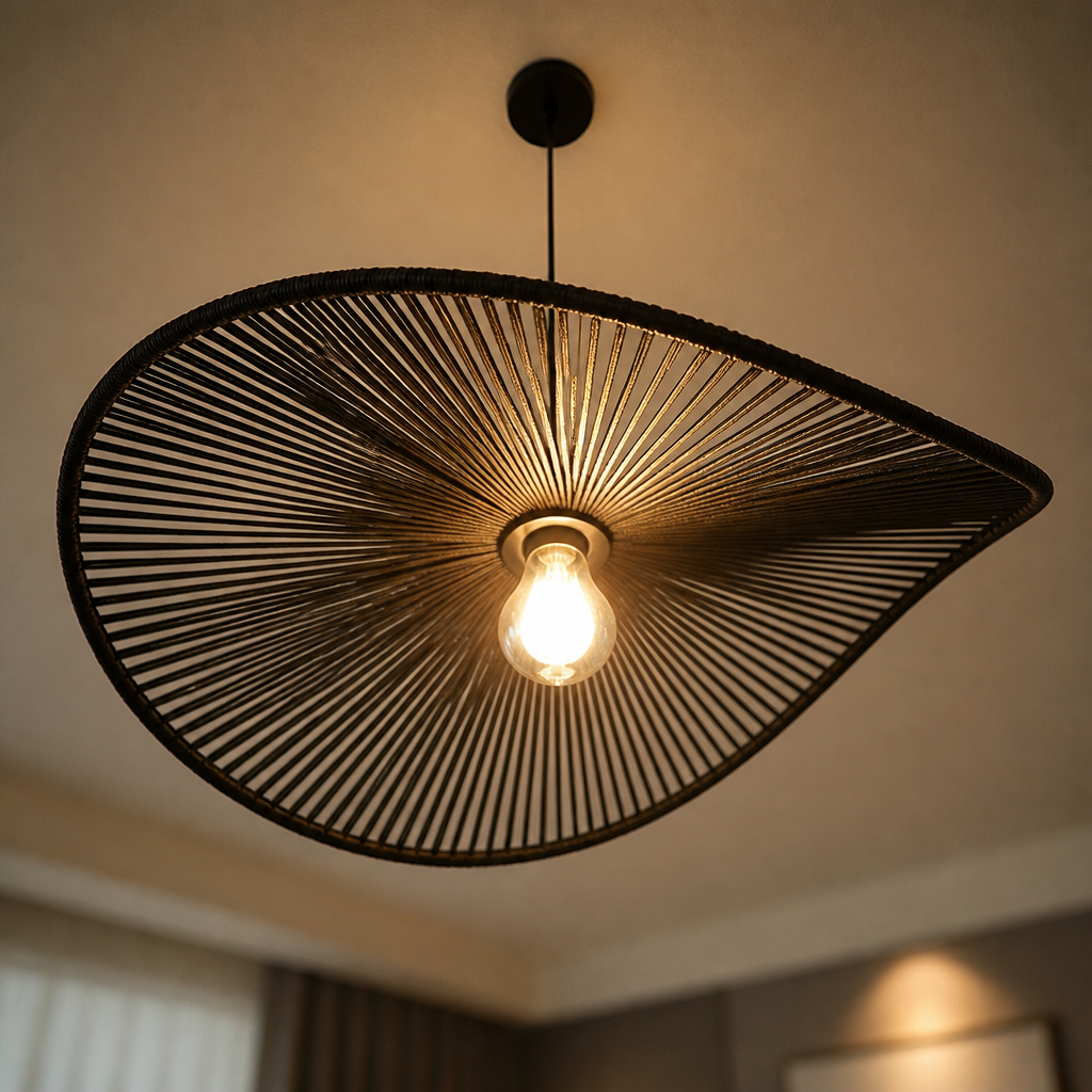 Black Rattan Wide-Brim Pendant Lamp Shade – image 9